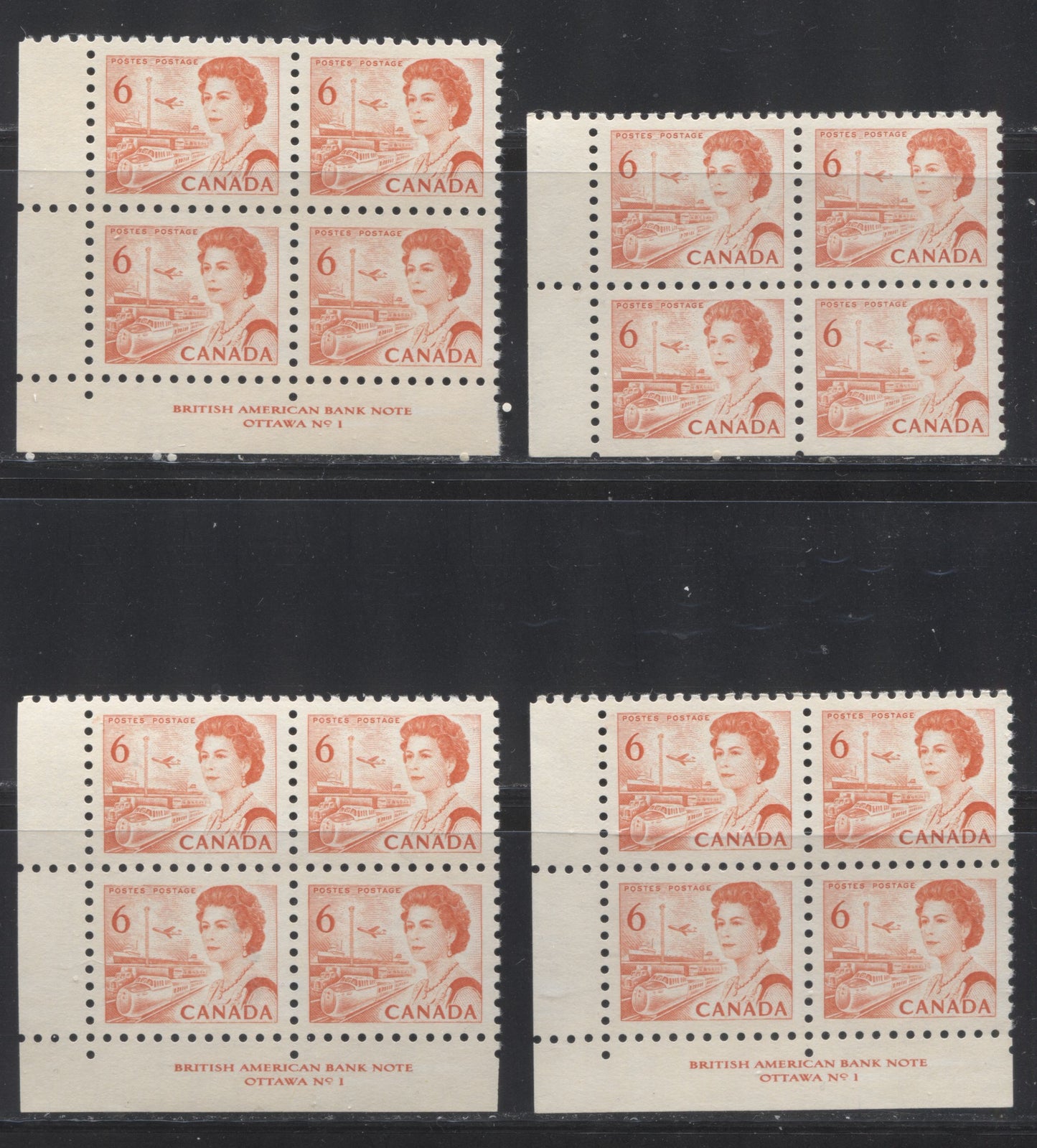 Lot 139 Canada #459i 6c Orange Transportation, 1967-1973 Centennial Definitive Issue, Four VFNH LL Blank & Plate 1 Blocks Of 4 On LF-fl Bluish White, Grayish White & Ivory Papers With Dex Gums