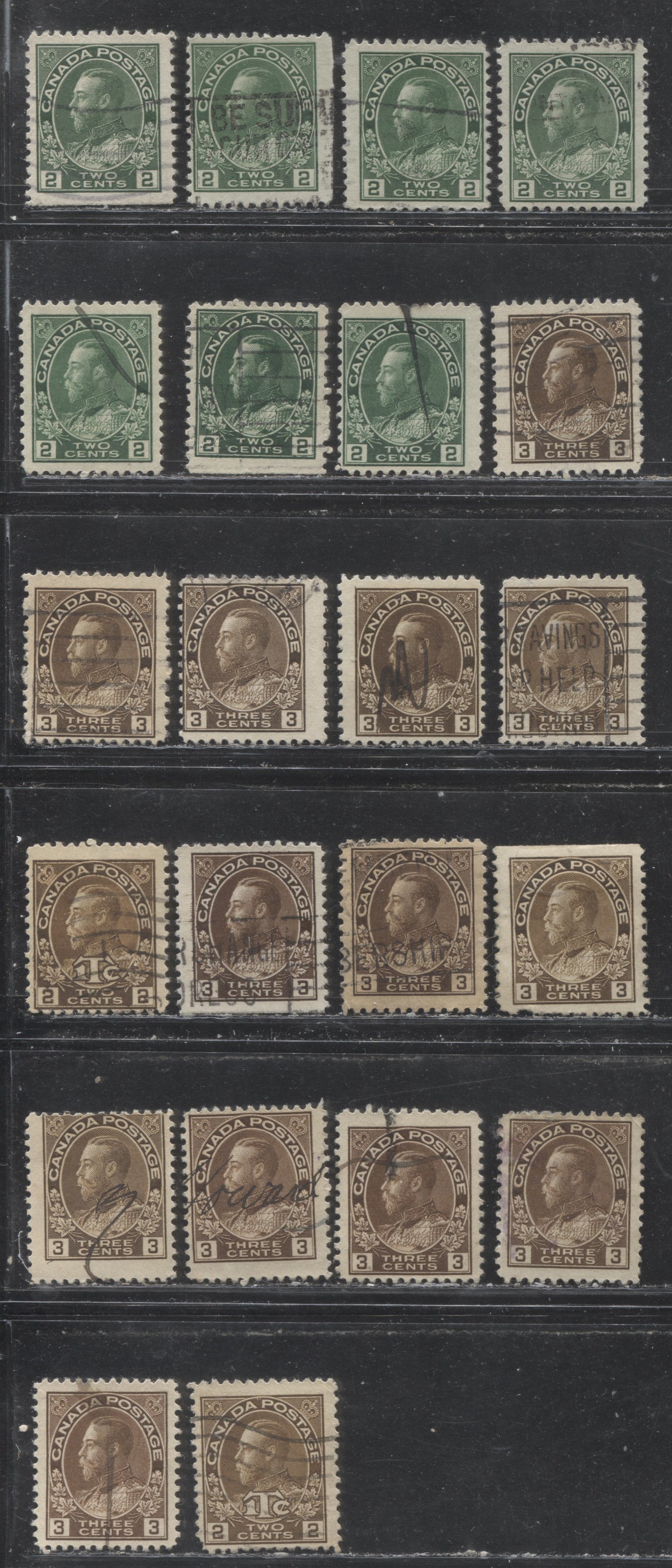 Lot 140 Canada #107-ii, 108-c, MR4 2c, 3c & 2c + 1c Yellow Green & Brown King George V, 1911-1928 Admiral & War Tax Issue, 22 Mostly VG Singles, Shade Reference Lot