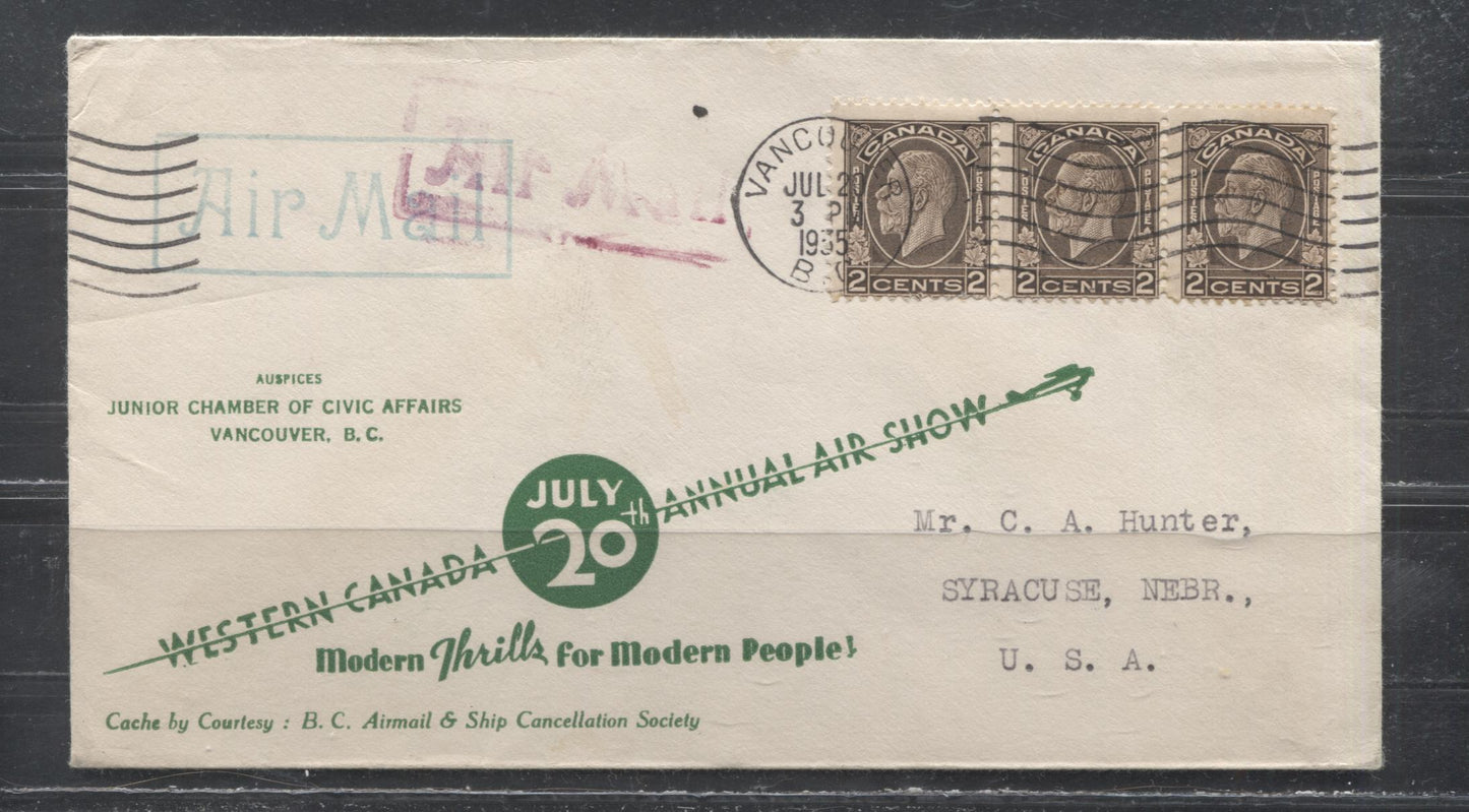 Lot 14 Canada #196 2c Black Brown King George V, 1932-1935 Medallion Issue, A VF 6c Airmail Cover to USA Franked With 3 x 2c Black Brown