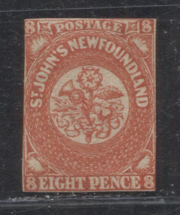 Lot 14 Newfoundland #8 8d Scarlet Vermillion Crown and Heraldic Flowers, 1857-1860 Pence Issue, A Good Unused Imperforate Single