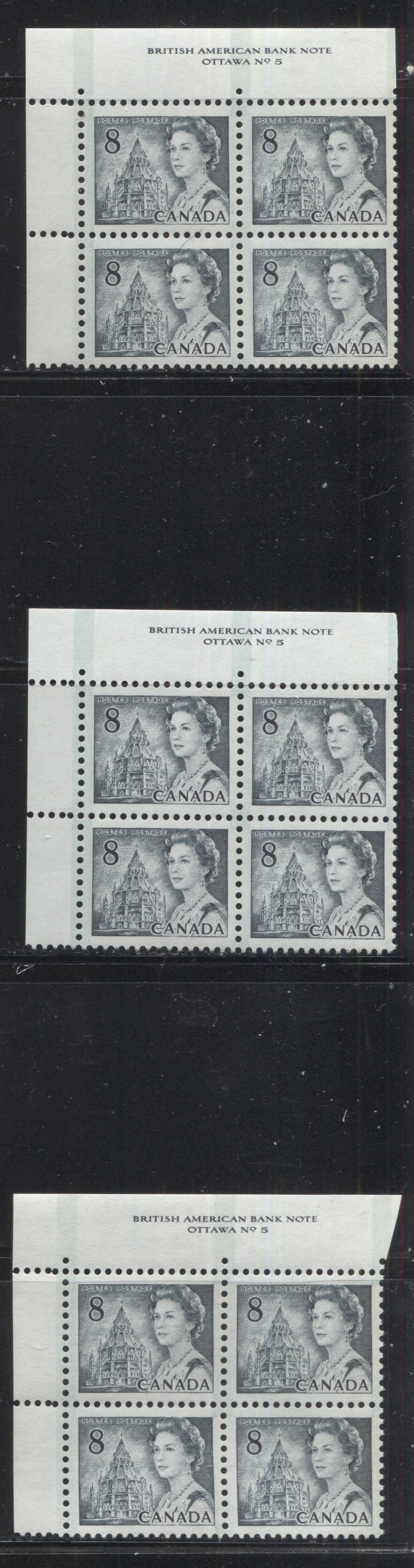 Lot 141 Canada #544pv 8c Slate Queen Elizabeth II, 1967-1973 Centennial Issue, Three VFNH UL GT2 Tagged Plate 5 Blocks Of 4 On LF-fl Smooth Papers With PVA Gums