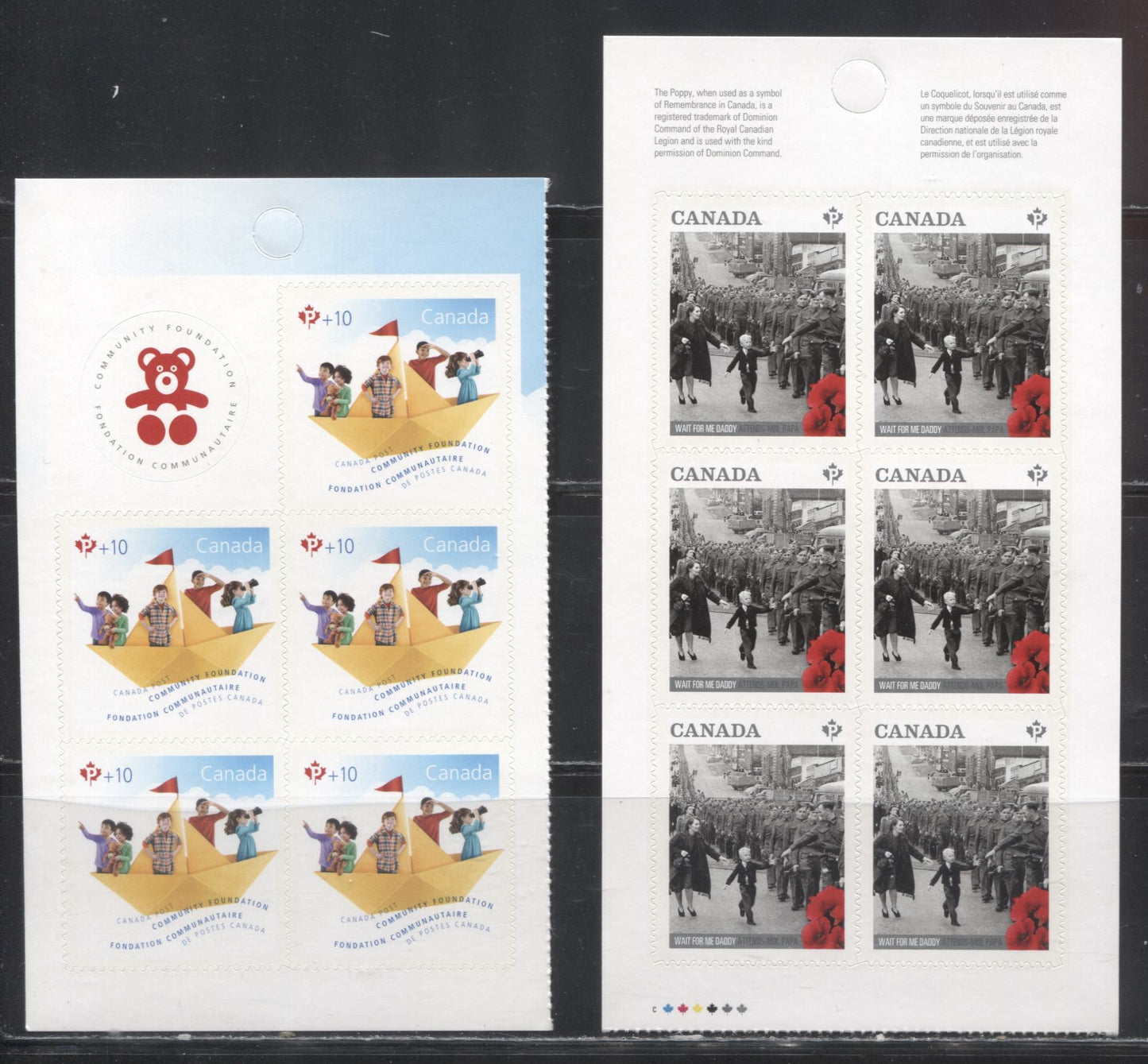 Lot 141 Canada #2795, B21 2014 Wait for Me & Canada Post Community Foundation Semi-Postal Issue, VFNH Booklet Panes of 5 and 6 on LF TRC Paper