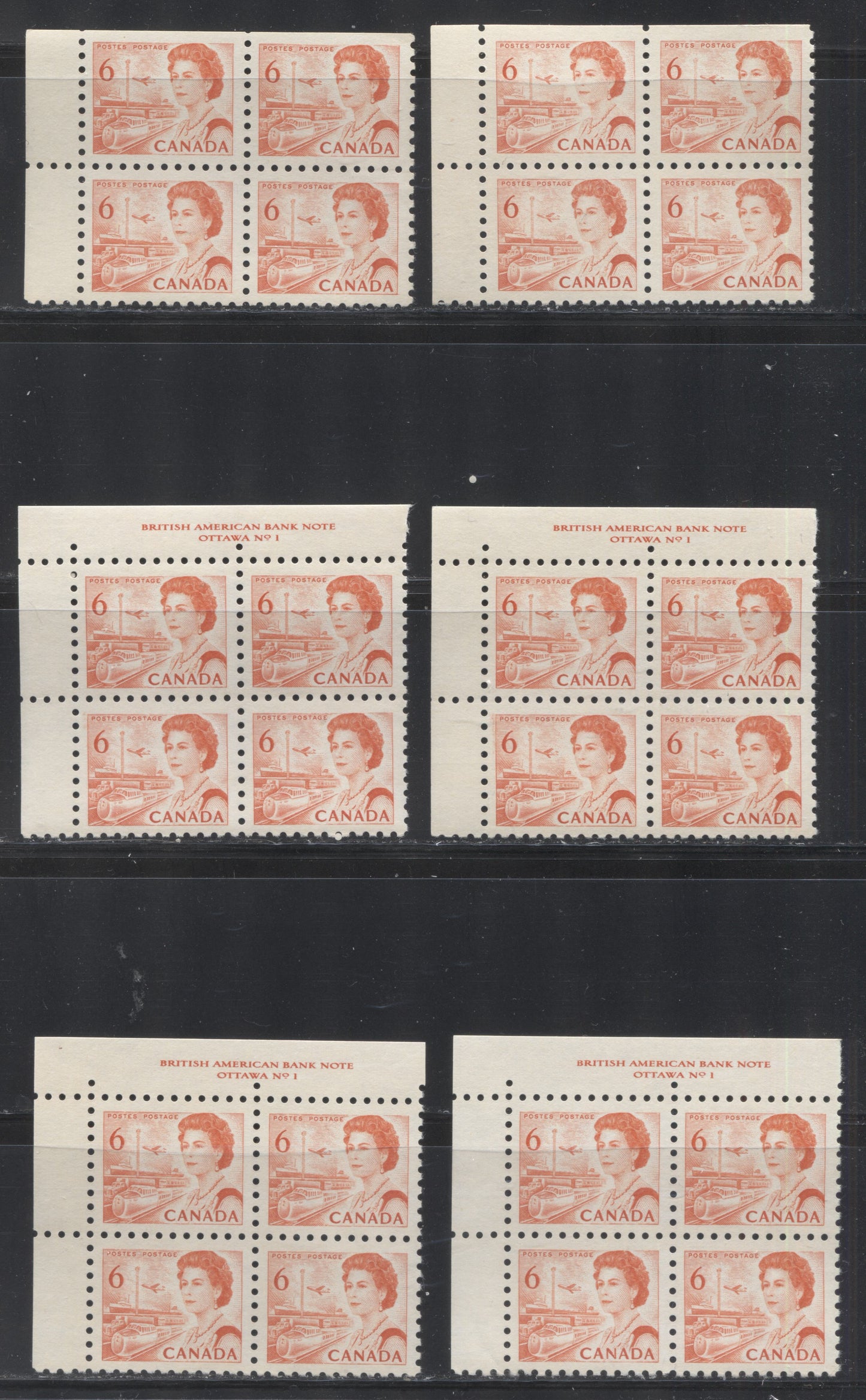 Lot 141 Canada #459i 6c Orange Transportation, 1967-1973 Centennial Definitive Issue, Five VFNH UL Blank & Plate 1 Blocks Of 4 On Various LF-fl Papers, Deep Orange Red Ink Under UV With Dex Gums