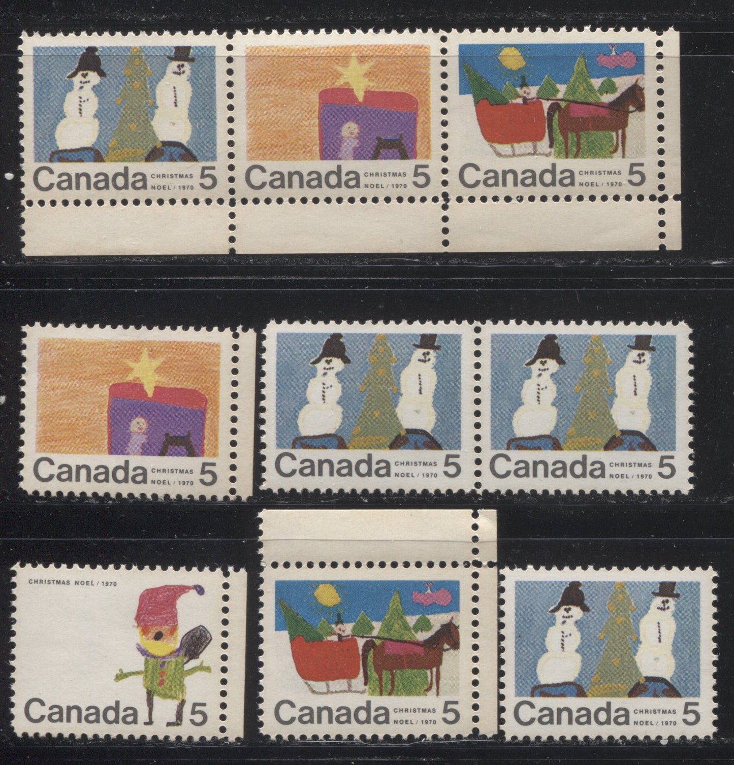 Lot 142 Canada #519-523 5c Multicoloured 1970 Christmas Issue, A Set of 12 Additional Variety Items From One Sheet, Ribbed HB11 Paper, Perf. 11.9 x 11.95