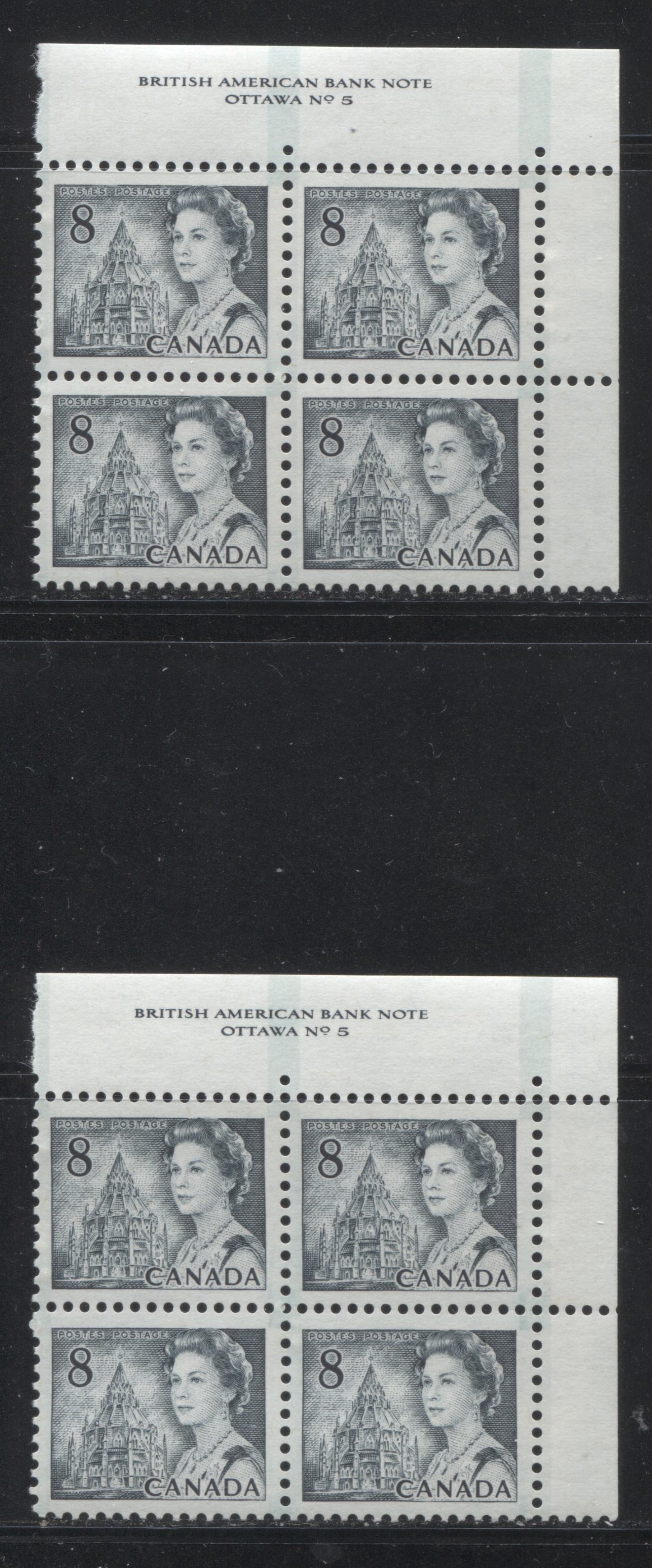 Lot 142 Canada #544pv 8c Slate Queen Elizabeth II, 1967-1973 Centennial Issue, Two VFNH UR GT2 Tagged Plate 5 Blocks Of 4 On LF-fl Bluish White & Grayish White Smooth Papers With PVA Gums