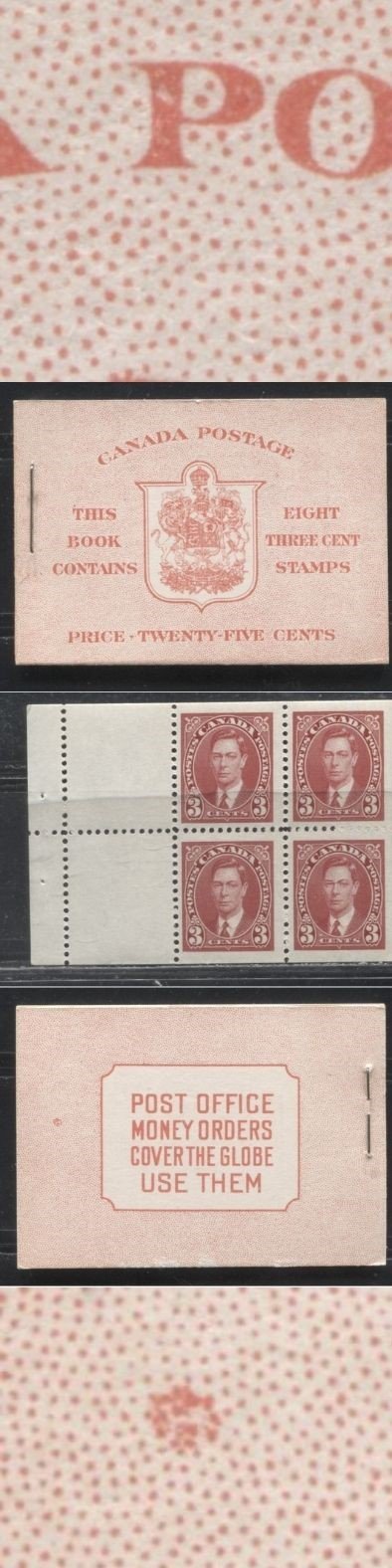 Lot 142 Canada #BK30cEIIe 3c Carmine Red King George VI 1937-1942 Mufti Issue, A Fine NH Complete English Booklet Containing 2 Panes of 4 + 2 Labels , Cover type IIe, 6c Airmail Rate, Ribbed Panes, Constant Large Dot Flaw on Back Cover