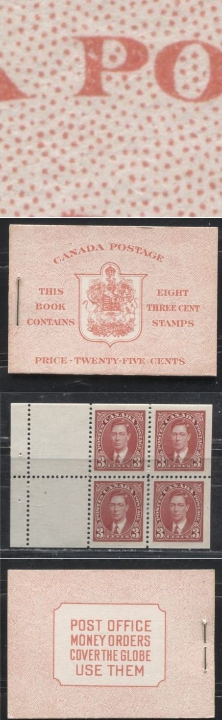 Lot 143 Canada #BK30cEIIe 3c Carmine Red King George VI 1937-1942 Mufti Issue, A VFNH Complete English Booklet Containing 2 Panes of 4 + 2 Labels , Cover type IIe, 6c Airmail Rate, Ribbed Panes