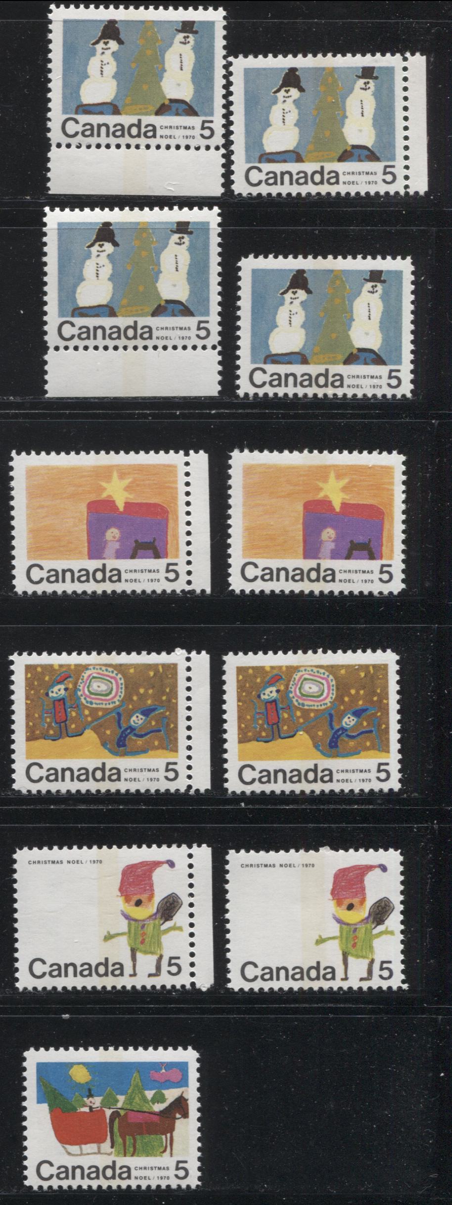 Lot 143 Canada #519p-523p 5c Multicoloured 1970 Christmas Issue, A Nearly Complete Set of 11 Winnipeg Tagged Constant Plate Varieties From Combination 2, Ribbed HB12 Paper, Perf. 11.9