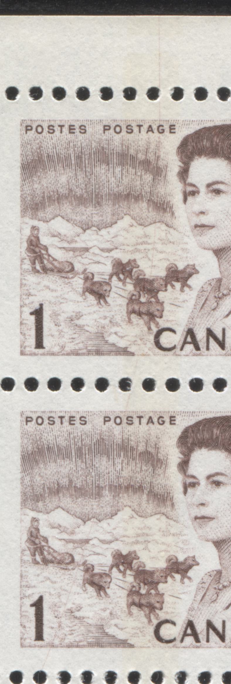 Lot #143 Canada #454pii 1c Chocolate Brown, Northern Lights and Dogsled Team, 1967-1973 Centennial Issue, A VFNH Vertical Strip of 20 on HB Paper, Winnipeg Centre Bar Tag, Showing the Constant Sinusoidal Plate Crack