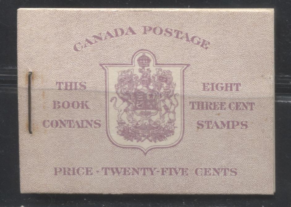 Lot 269 Canada #BK35c 1942-1949 War Issue, Complete 25¢ English Booklet, 2 Panes of 3c Rosy Plum, Smooth Vertical Wove Paper, Harris Front Cover Type IIe, Back Cover Type Cbi, 7c and 6c Airmail Rate Page
