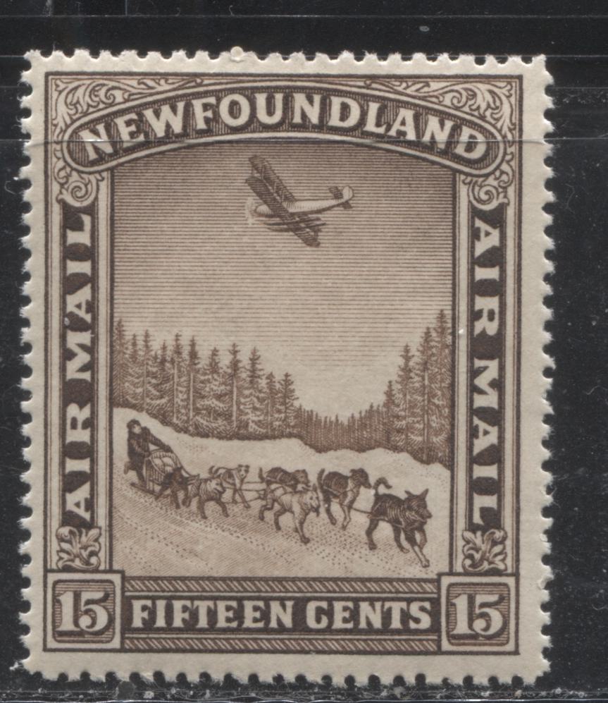 Lot 144 Newfoundland # C6 15c  Dark Brown Plane and Dogsled Team, 1931 Pictorial Airmail Issue, A VFNH Example, Line Perf. 13.9 x 14.25