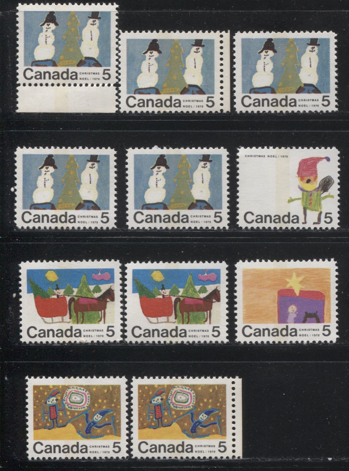 Lot 146 Canada #519p-523p 5c Multicoloured 1970 Christmas Issue, A Complete Set of 11 Winnipeg Tagged Constant Plate Varieties From Combination 4, Ribbed HB11 Paper, Perf. 11.95 x 11.9