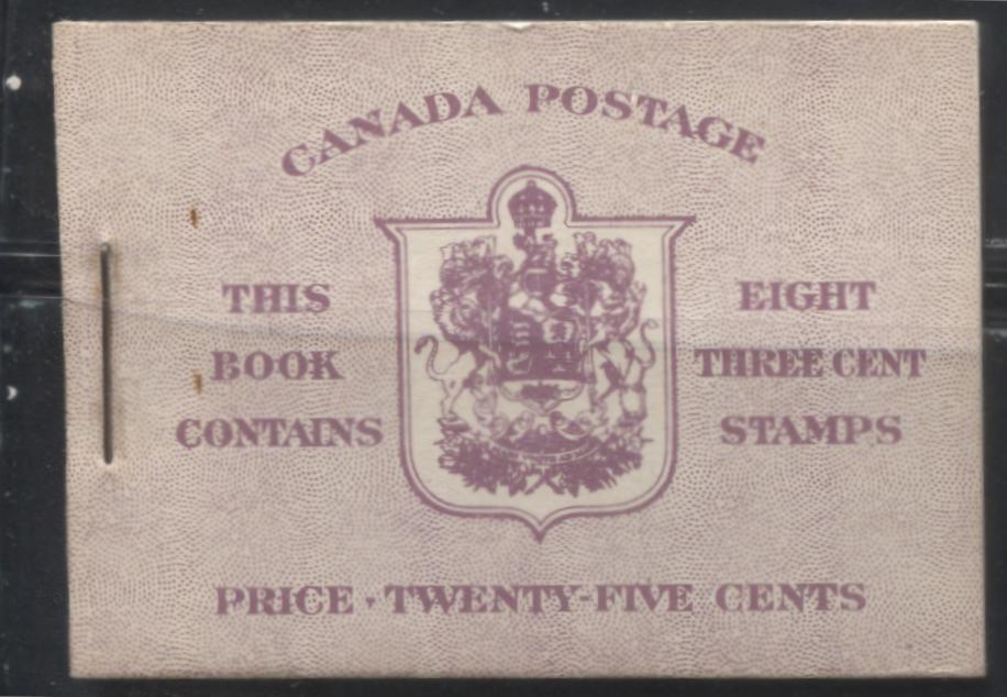Lot 271 Canada #BK35c 1942-1949 War Issue, Complete 25¢ English Booklet, 2 Panes of 3c Rosy Plum, Smooth Vertical Wove Paper, Harris Front Cover Type IIe, Back Cover Type Cbiii, 7c and 6c Airmail Rate Page