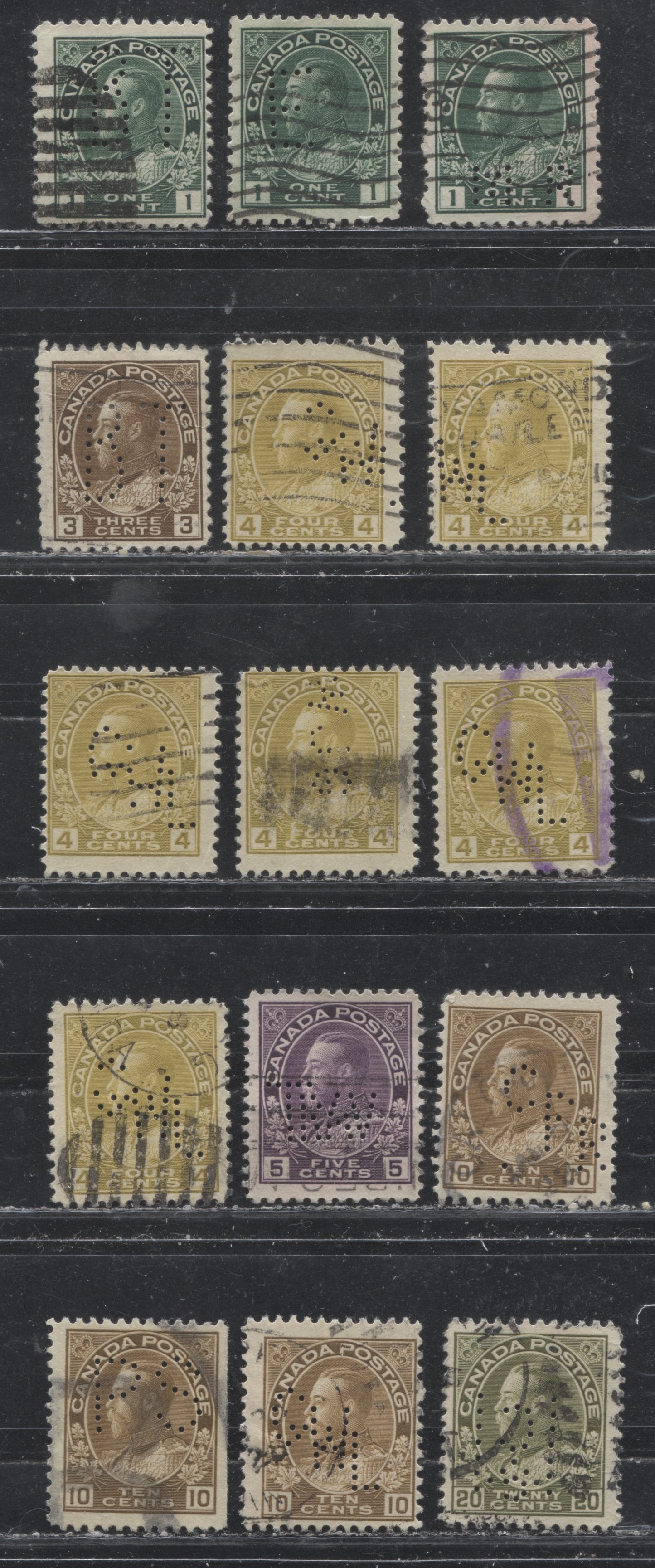 Lot 147 Canada #104, 110, 112c, 118 & 119 1c - 20c Dark Green - Olive Green King George V, 1911-1928 Admiral Issue, 15 Mostly Fine Perfin Singles, All Identified, Priced As Basic Stamps