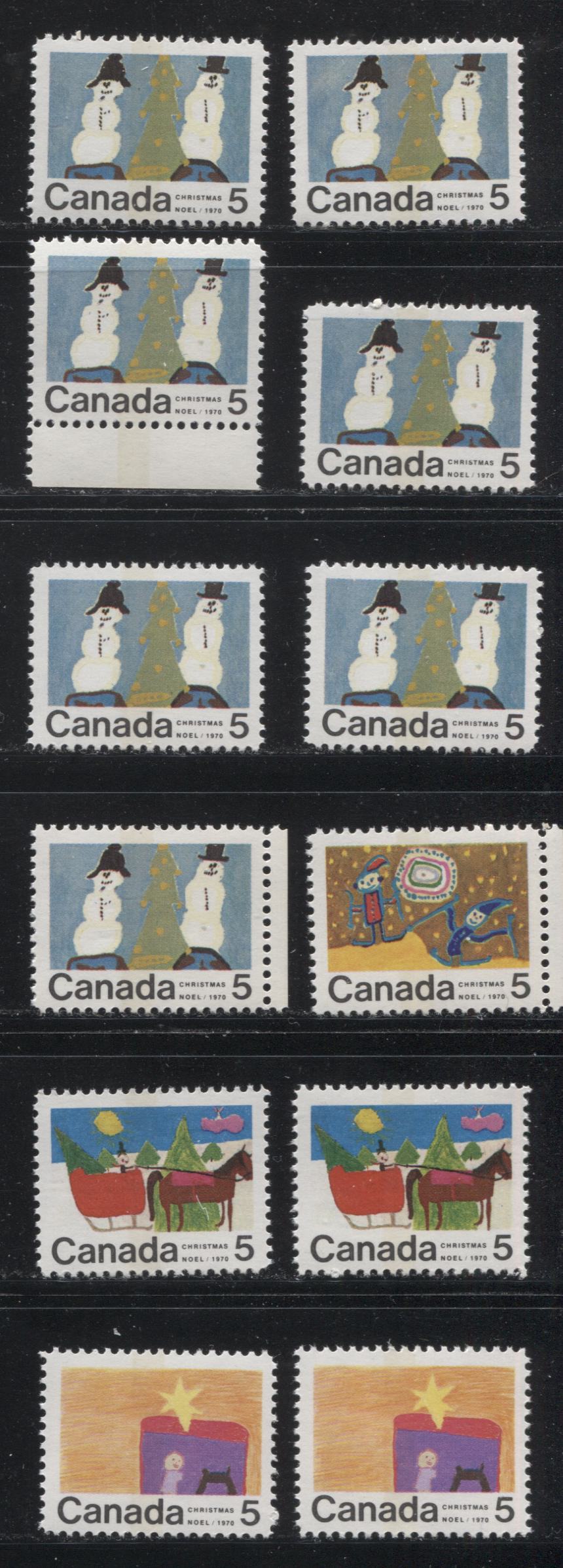 Lot 147 Canada #519p/523p 5c Multicoloured 1970 Christmas Issue, A Complete Set of 12 Winnipeg Tagged Constant Plate Varieties From Combination 1, Ribbed HB11 Paper, Perf. 11.9 x 11.95
