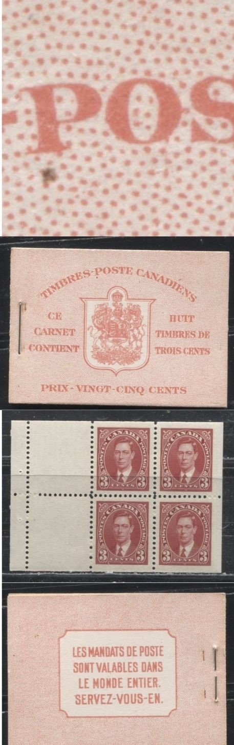 Lot 205 Canada #BK30c 1937-1942 Mufti Issue, Complete 25¢ French Booklet, 6¢ Airmail Rate on Rate Page, 17 mm Staple, Vertical Wove Paper, Type 2 Covers, Harris Front Cover IIn, Back Cover Type B