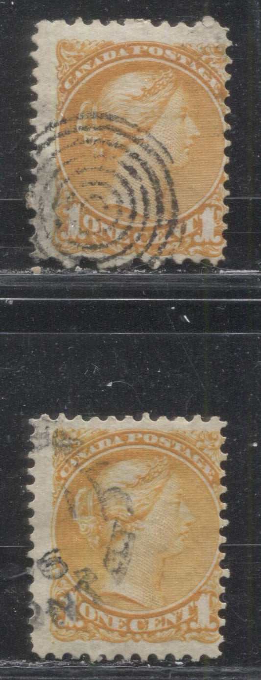 Lot 148 Canada #35d 1c Orange & Yellow Orange Queen Victoria, 1870-1897 Small Queen Issue, Two Fine Used Singles, Perfs 11.7 x 12, And 11.75 x 12.1, Stout Horizontal Wove Paper