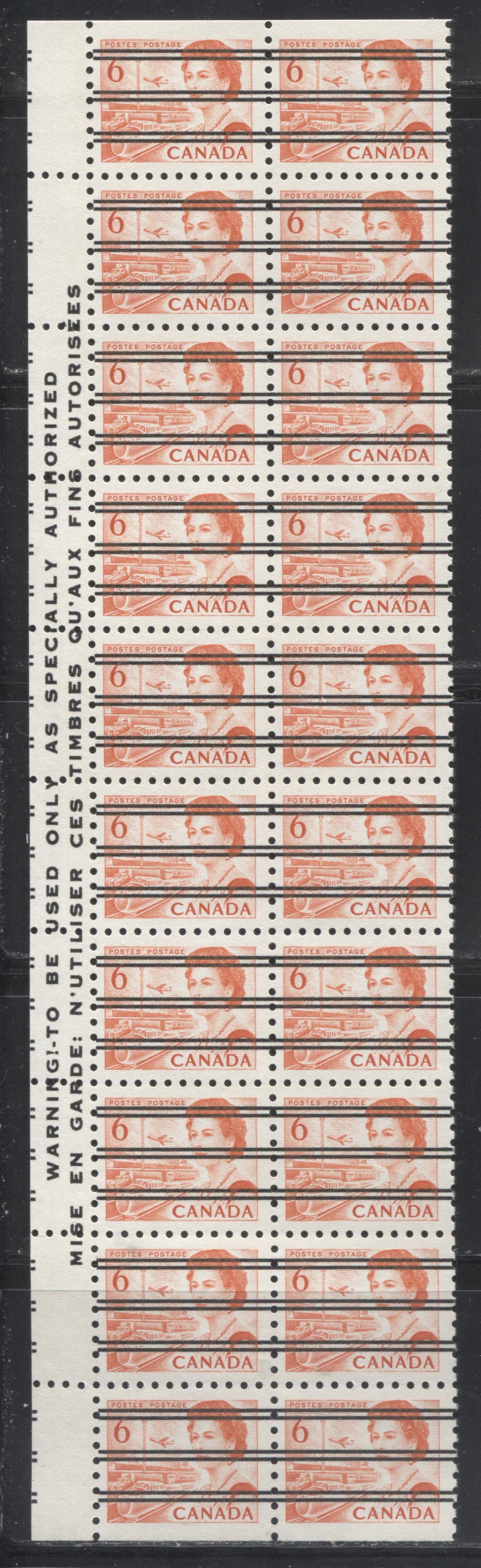 Lot 148 Canada #459xx 6c Red Orange Transportation, 1967-1973 Centennial Definitive Issue, A VFNH Left Precancel Warning Strip of 20