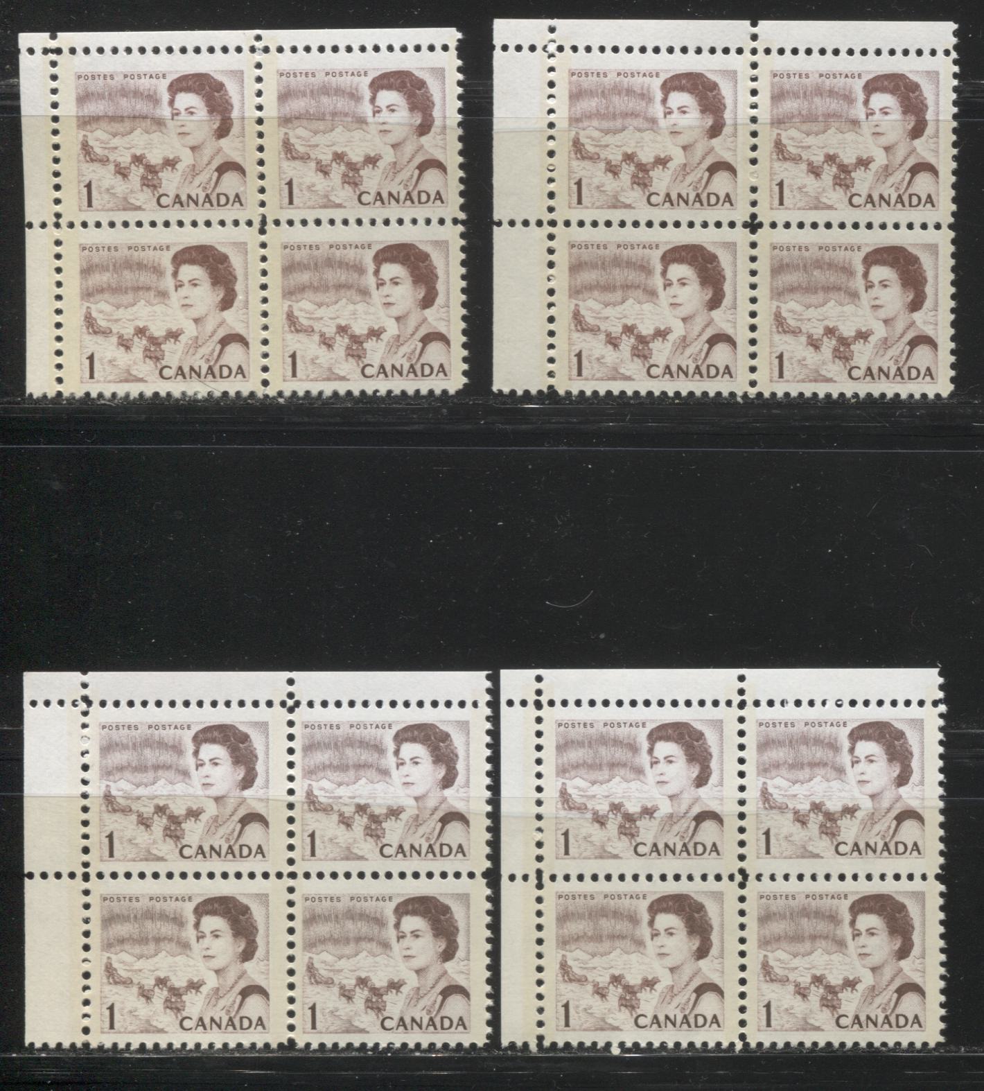 Lot #148 Canada #454piii 1c Reddish Brown, Reddish Chocolate & Chocolate, Northern Lights and Dogsled Team, 1967-1973 Centennial Issue, A Specialized Lot of 4 General Tagged Upper Left Corner Blocks on  LF-fl Bluish Violet Paper, PVA Gum