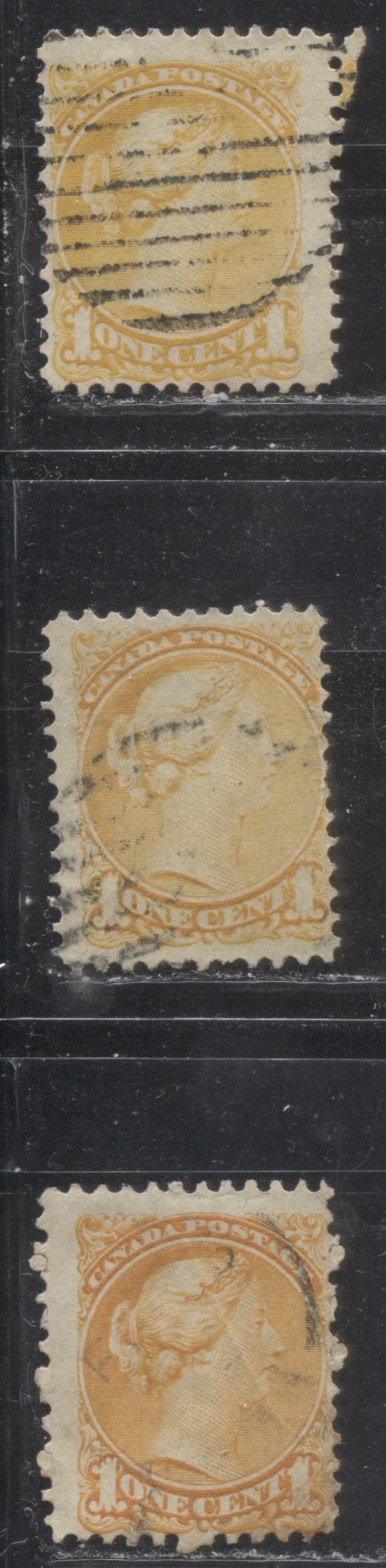 Lot 149 Canada #35iii,d 1c Lemon Yellow, Orange & Yellow Queen Victoria, 1870-1897 Small Queen Issue, Three Fine Used Singles On Vertical Wove Paper, Perfs 11.7 x 12, 11.75 x 12 & 11.6 x 12.1