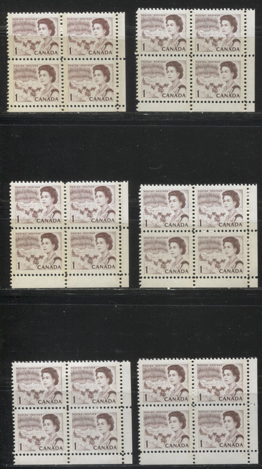Lot #150 Canada #454piii 1c Brown & Reddish Brown, Northern Lights and Dogsled Team, 1967-1973 Centennial Issue, A Specialized Lot of 6 General Tagged Lower Right Corner Blocks on 4 Different LF-fl Papers, PVA Gum