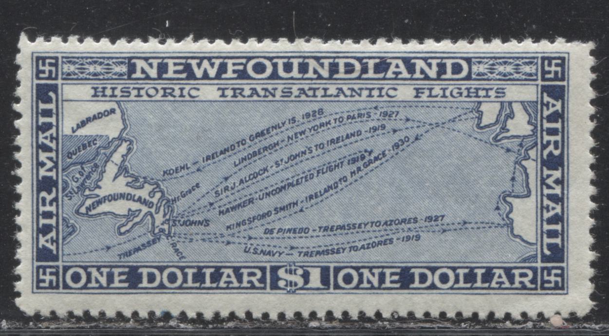 Lot 150 Newfoundland # C11 $1 Steel Blue Historic Transatlantic Flights, 1931 Watermarked Pictorial Airmail Issue, A Fine OG Example, Line Perf. 14.25 x 14.2