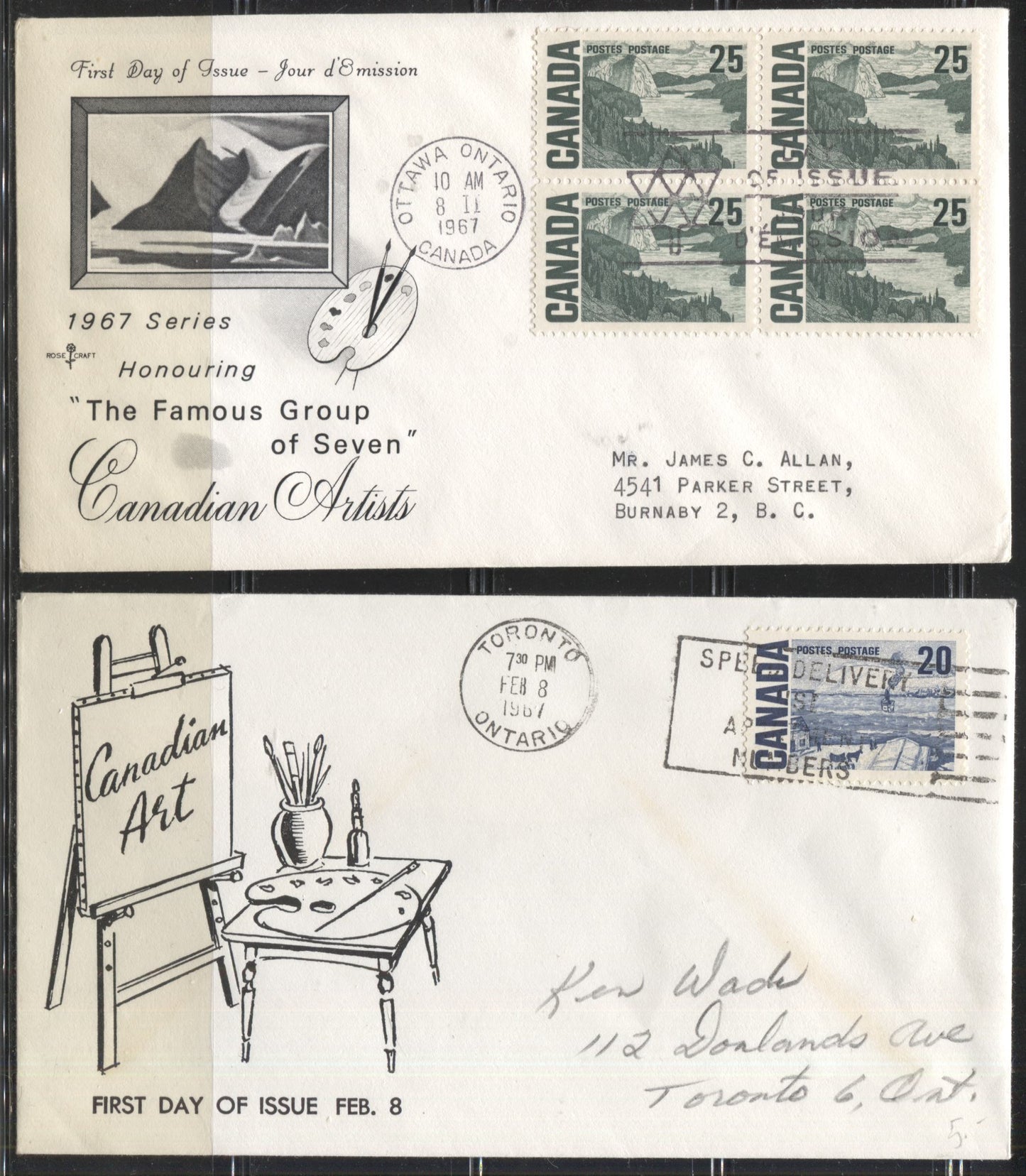 Lot 150 Canada #464-465 20c Indigo Blue & 25c Slate Green, Quebec Ferry & Solemn Land, 1967-1973 Centennial Issue, Two RoseCraft and one Unknown First Day Covers