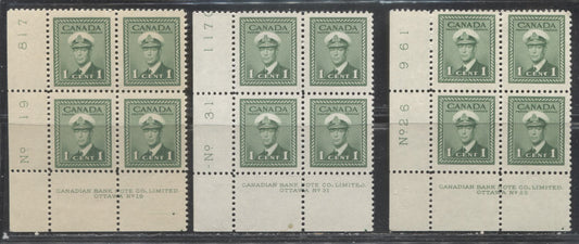 Lot 15 Canada #249 1c Green King George VI , 1942-1949 War Issue, Fine OG Plate 19, 26 & 31 Lower Left Blocks of 4 Different Plate Dot Positions, Wide & Narrow Number Spacings