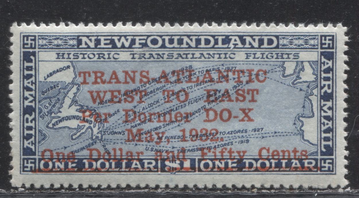 Lot 151 Newfoundland # C12 $1.50 on $1 Steel Blue Historic Transatlantic Flights, 1932 Dornier DO-X Airmail Issue, A VFOG Example, Line Perf. 14.25 x 14.2
