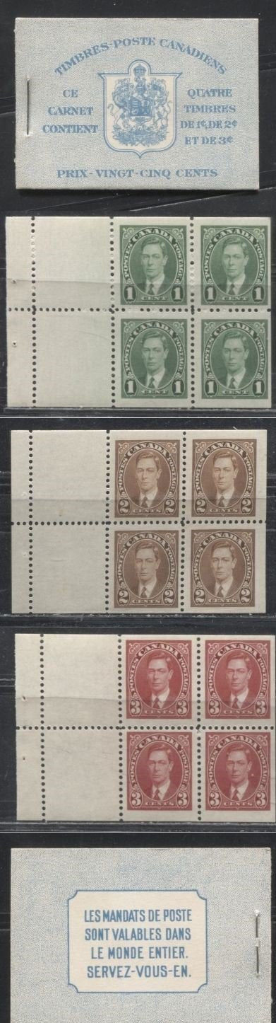 Lot 234 Canada #BK31eEIIq 1c-3c Green - Carmine Red King George VI 1937-1942 Mufti Issue, A Very Fine NH Complete English Booklet Containing 3 Panes of 4 + 2 Labels, Cover type IIq, 6c Airmail Rate Page, Smooth Panes