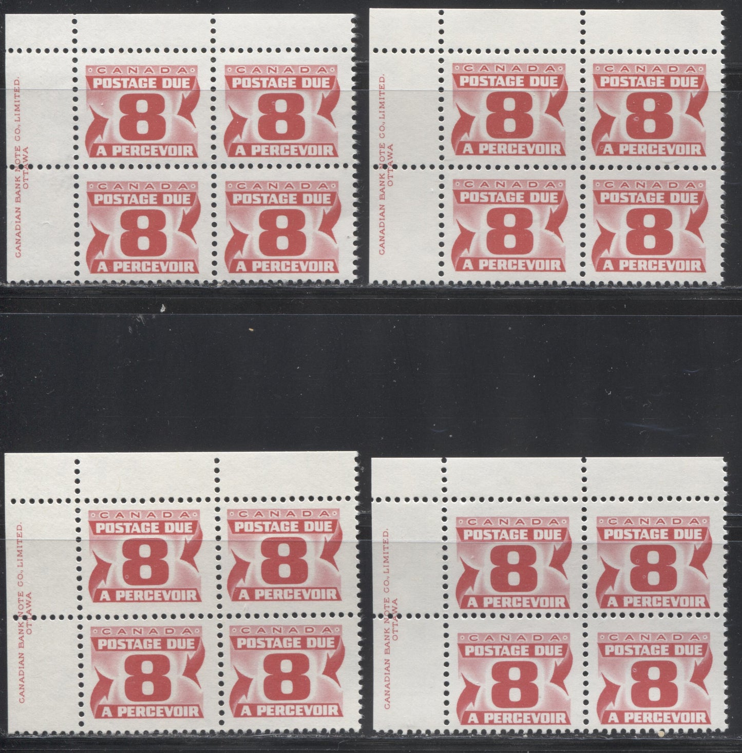 Lot 152 Canada #J34a 8c Carmine Rose 1977-1982, 4th Centennial Postage Due Issue, Four F/VFNH UL Inscription Blocks Of 4 On LF-fl & DF Bluish Gray, Grayish White & Bluish White Papers With PVA Gums, Perf 12.5 x 12, Possibly Constant Donut Flaws