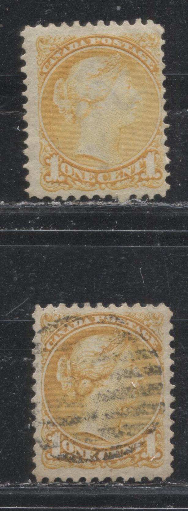 Lot 153 Canada #35vii 1c Yellow Queen Victoria, 1870-1897 Small Queen Issue, Two Fine Used Singles On Vertical Wove Paper, Perfs 11.6 x 12.1 & 11.7 x 12