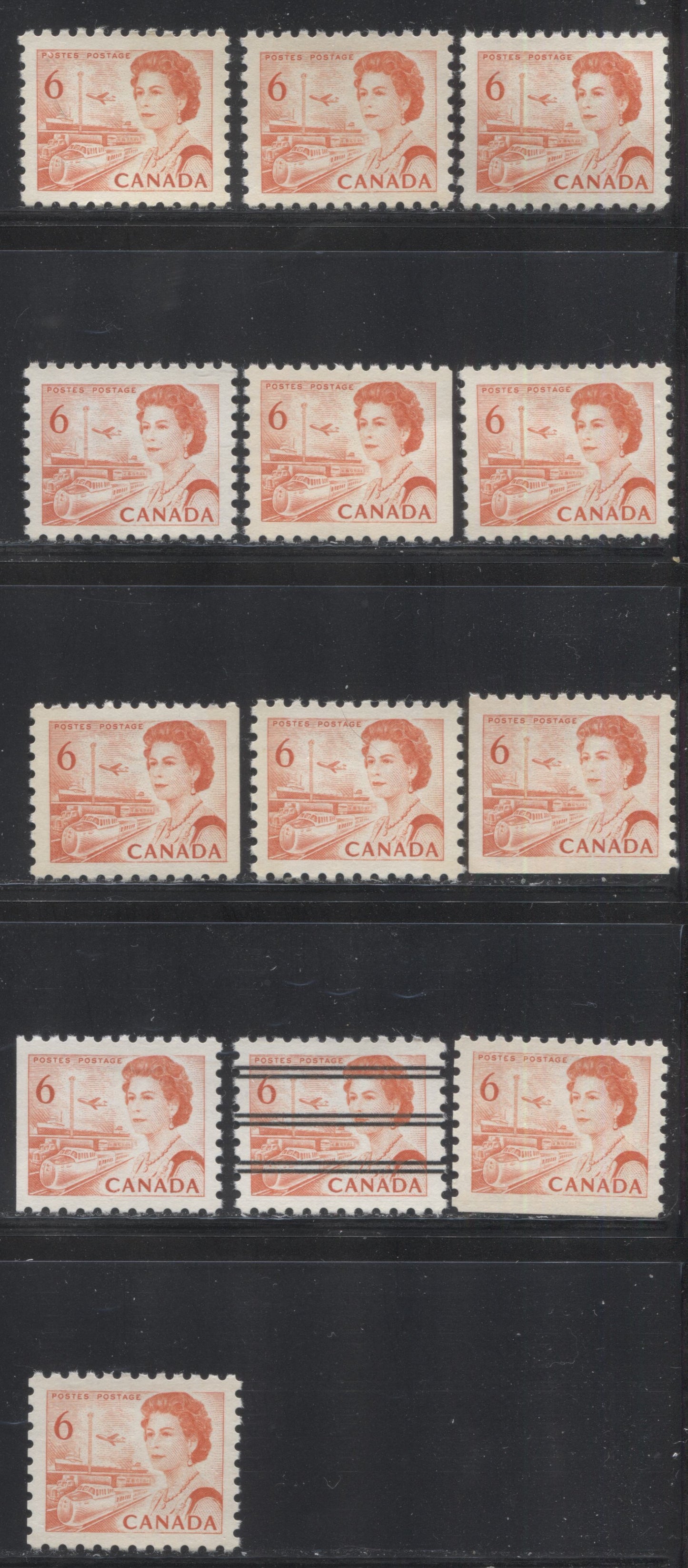 Lot 153 Canada #459-459as 6c Red Orange Transportation, 1967-1973 Centennial Definitive Issue, A VFNH Group of Perf 10 Sheet and Booklet Stamps, Tagged and Untagged, Various Papers