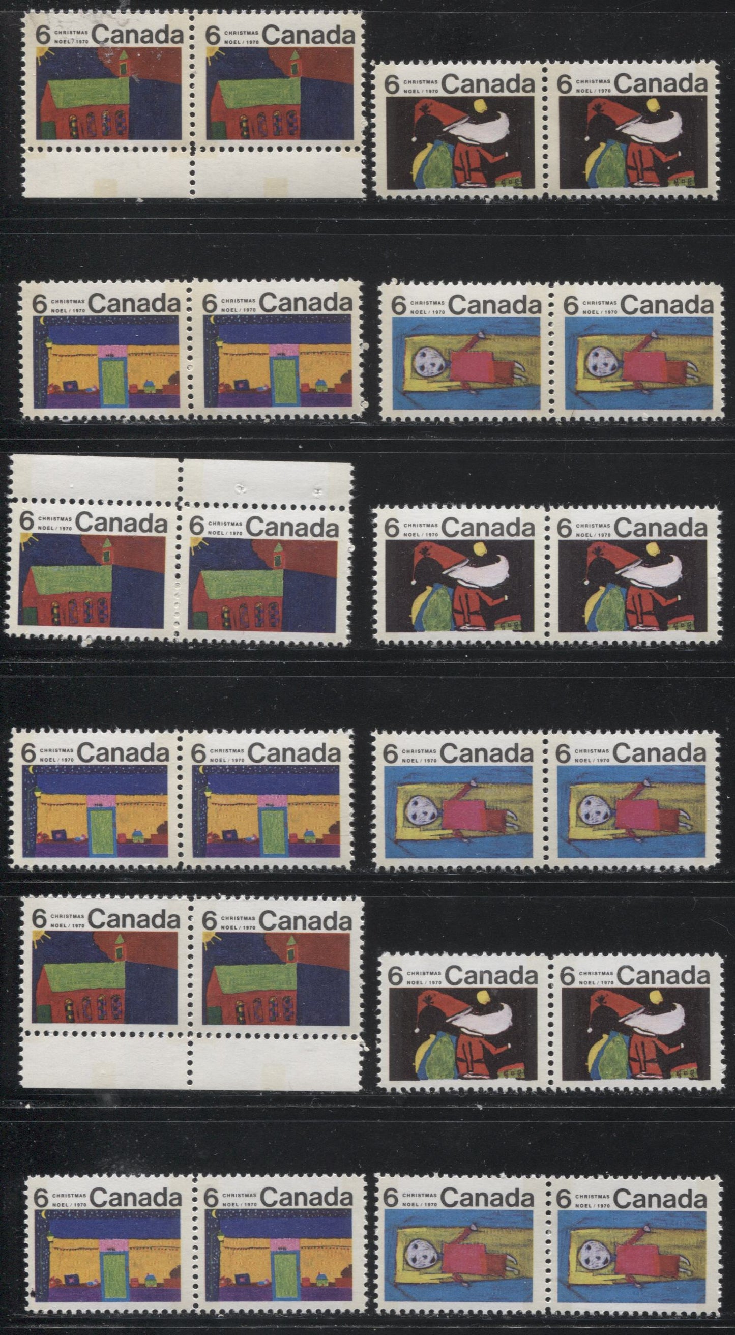 Lot 153 #524p/528p 6c Multicoloured 1970 Christmas Issue, A Specialized Lot of 12 Winnipeg Tagged Identical Horizontal Pairs From the Middle of the Sheet, Different HB Ribbed Papers, Perfs 11.95 x 11.9, and 11.9