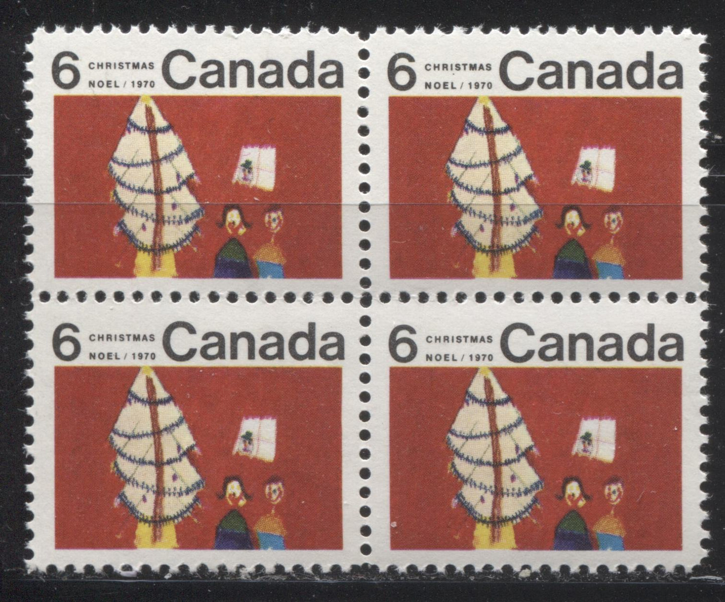 Lot 154 Canada #525i 6c Multicoloured Family & Christmas Tree, 1970 Christmas Issue, a VFNH Centre Block of 4 on HB12 Smooth Paper, With Scratch on Window on UL Stamp, and Dot Below "I" on UR Stamp, Perf. 11.9