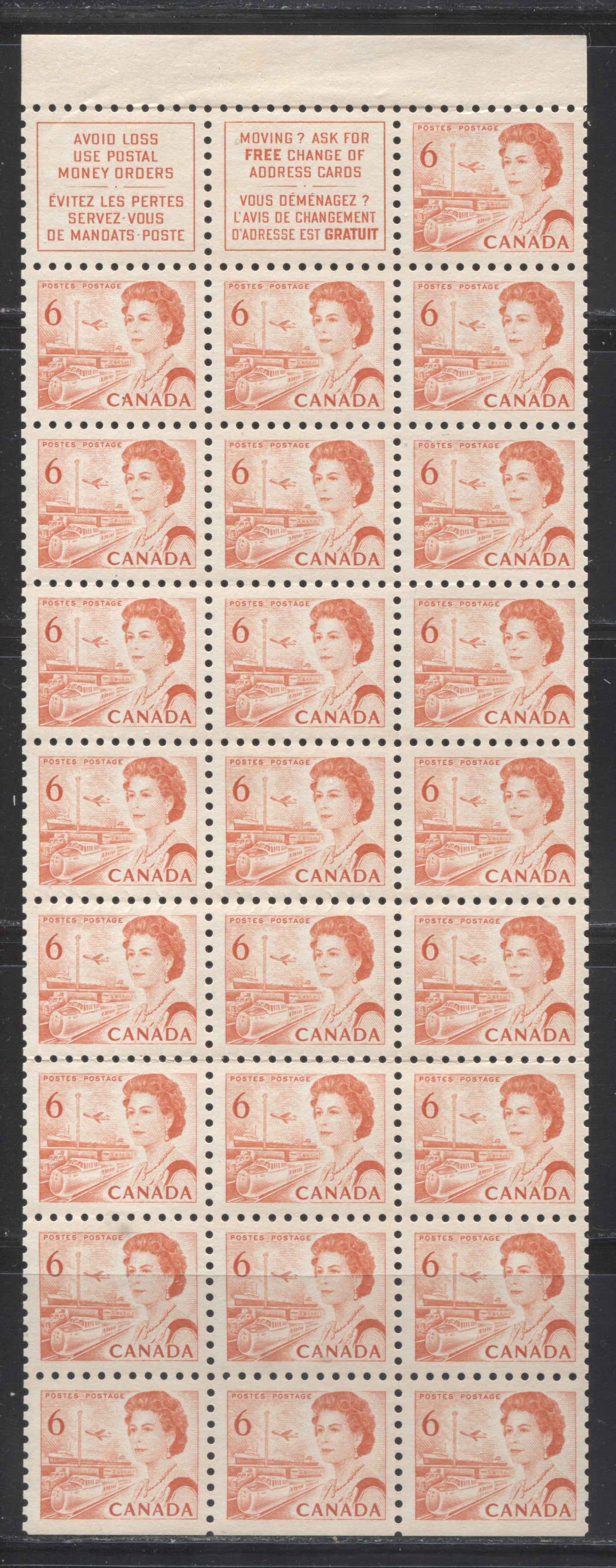 Lot 154 Canada #459a 6c Red Orange Transportation, 1967-1973 Centennial Definitive Issue, A VFNH Booklet Pane of 25 + 2 Labels, DF Bluish White Paper Showing "Mole on Lip" on Pos 9/1