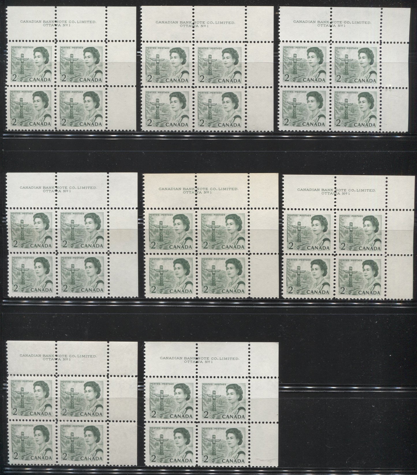 Lot #154 Canada #455, 455iv 2c Green & Deep Bright Green, Pacific Coast Totem Pole, 1967-1973 Centennial Issue, A Specialized Lot of Plate 1 UR Blocks on DF and NF Papers