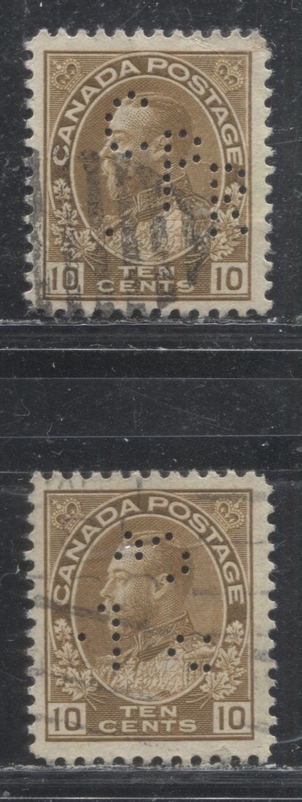 Lot 155 Canada #118 10c Pale Bistre Brown (Bistre Brown in Unitrade) King George V, 1911-1928 Admiral Issue, Two Very Fine Used CPR Perfin Singles, Dry Printing