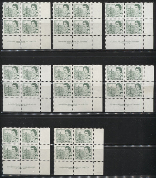 Lot #155 Canada #455, 455iv 2c Green, Bright Green & Deep Bright Green, Pacific Coast Totem Pole, 1967-1973 Centennial Issue, A Specialized Lot of Plate 1 LR Blocks on DF and NF Papers