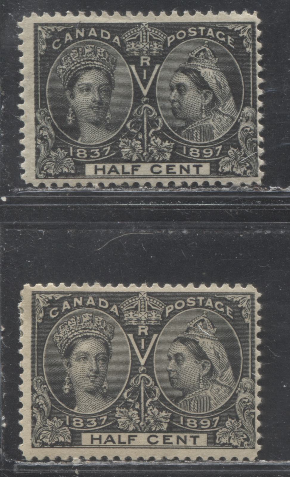 Lot 155 Canada # 50 1/2c Jet Black and Grey Black Queen Victoria, 1897 Diamond Jubilee Issue, Two Fine OG Examples of Both Shades on White and Toned Paper