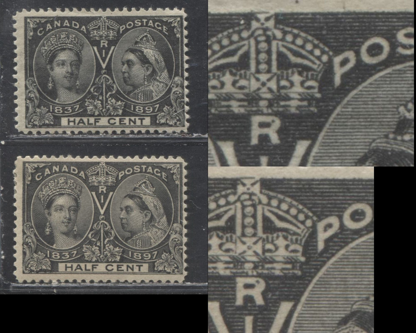Lot 155 Canada # 50 1/2c Jet Black and Grey Black Queen Victoria, 1897 Diamond Jubilee Issue, Two Fine OG Examples of Both Shades on White and Toned Paper