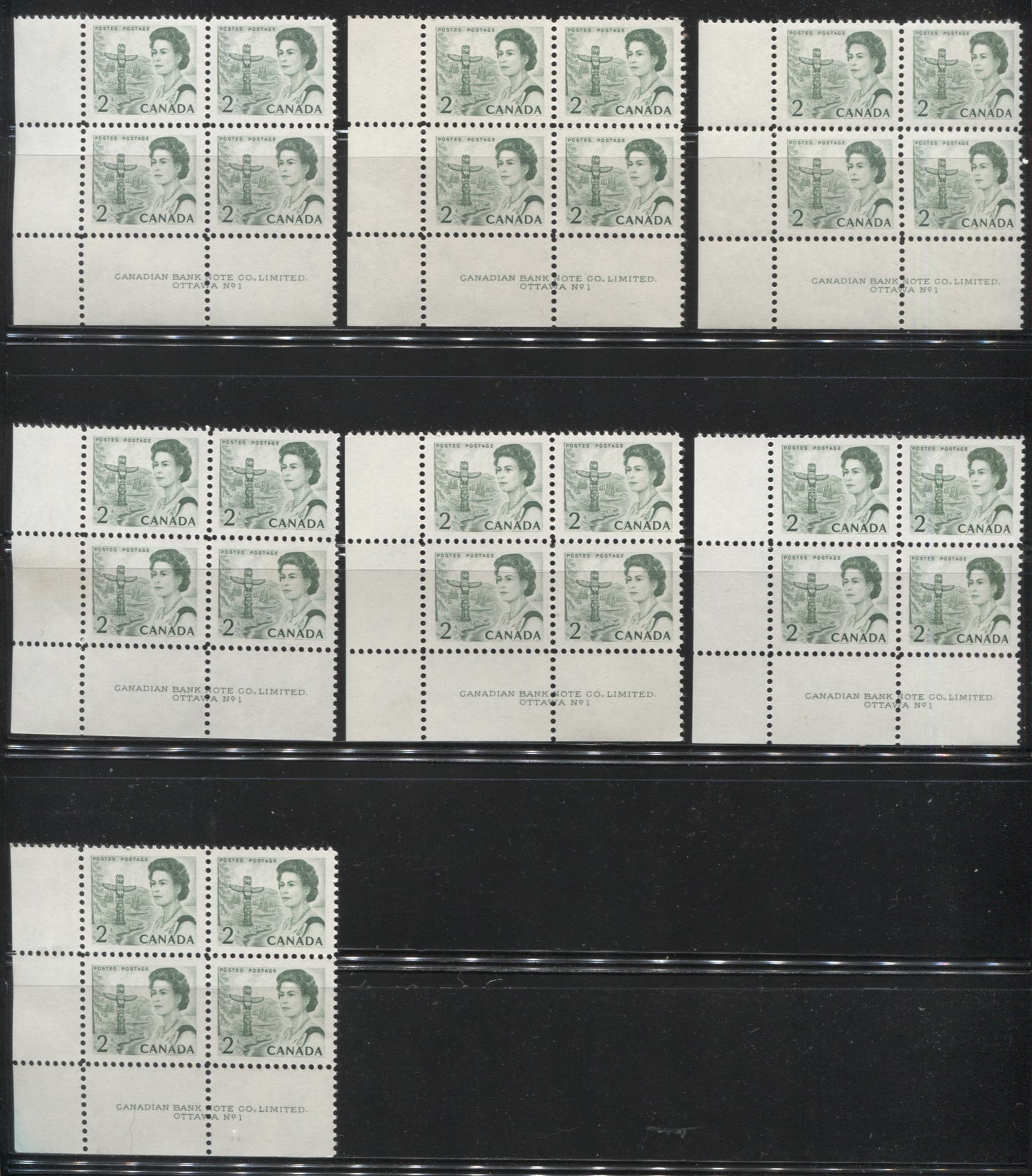 Lot #156 Canada #455, 455iv 2c Green, Bright Green & Deep Bright Green, Pacific Coast Totem Pole, 1967-1973 Centennial Issue, A Specialized Lot of Plate 1 LL Blocks on DF and NF Papers