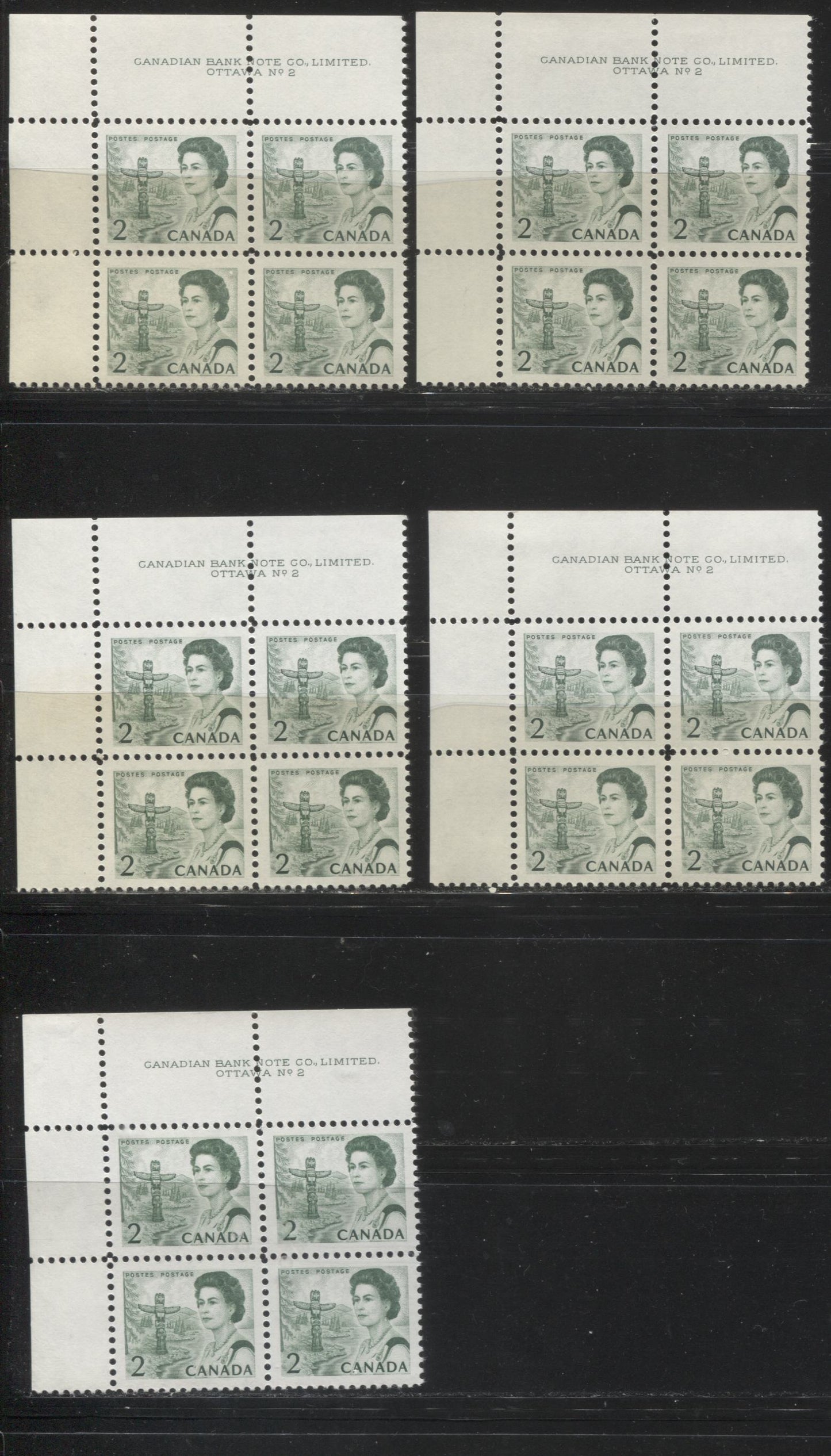 Lot #157 Canada #455, 455iv 2c Green & Deep Bright Green, Pacific Coast Totem Pole, 1967-1973 Centennial Issue, A Specialized Lot of Plate 2 UL Blocks on DF and NF Papers, All With Blinky Flaws From the Upper Left Pane
