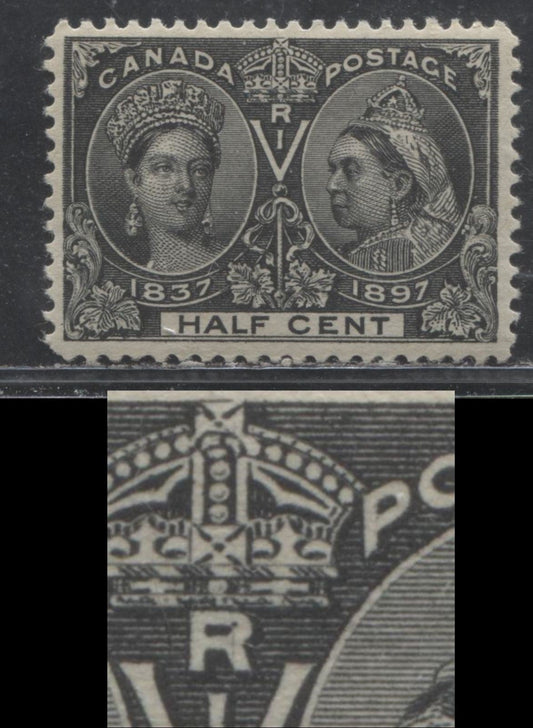 Lot 157 Canada # 50 1/2c Jet Black on White Paper Queen Victoria, 1897 Diamond Jubilee Issue, A VFOG Example, Showing Dot and Vertical Scratch in "R"