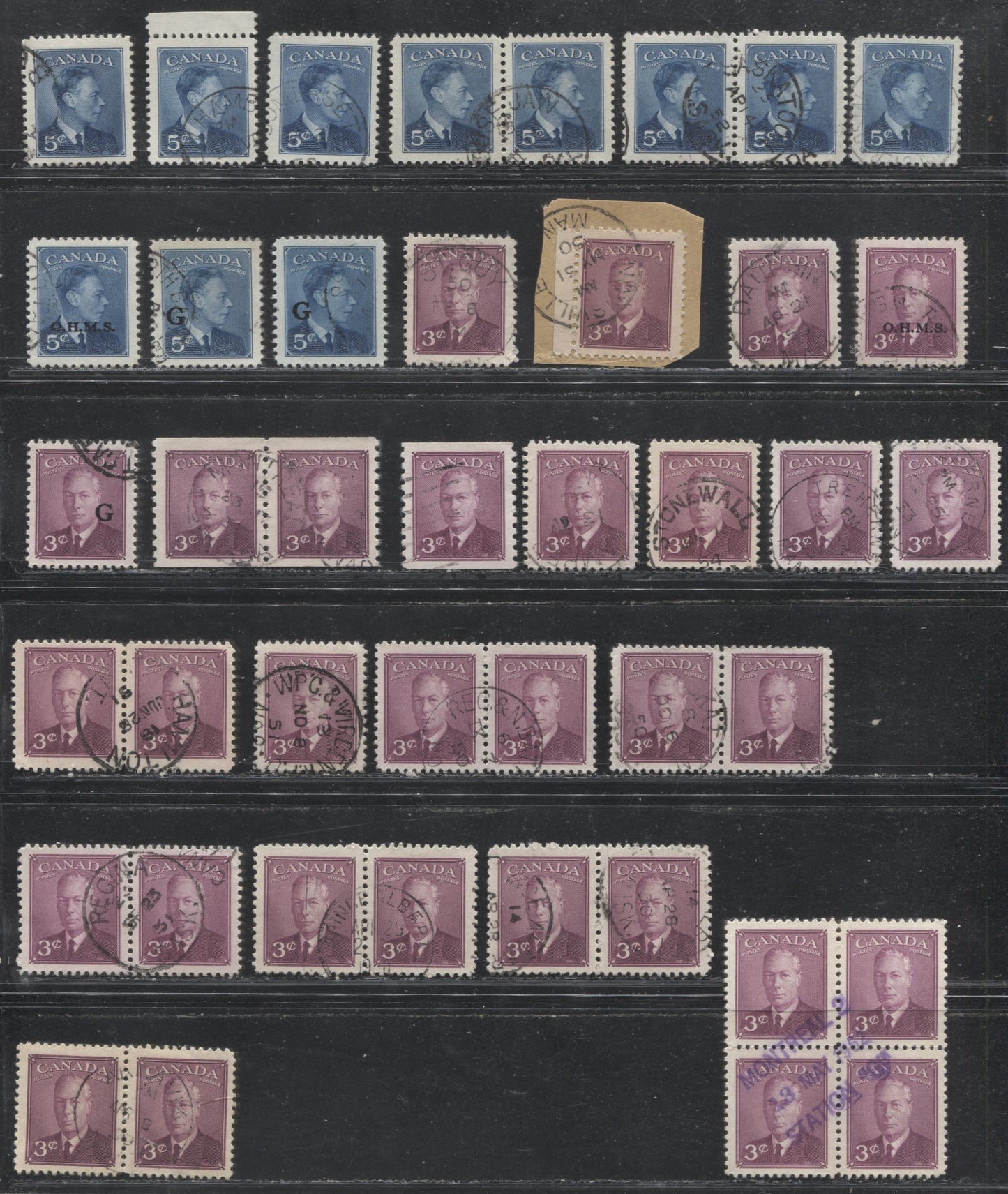Lot 158 Canada #288, 293, O15A,O20, 286, 291, 299, O14, O18 & 291 3c & 5c Rose Violet & Deep Blue King George VI, 1949-1953 Postes-Postage, Omitted & Overprint Issues, 42 Used, Mostly VF CDS Singles, Pairs & Blocks Many Different Town Cancels