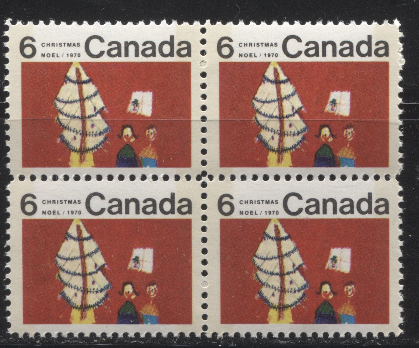 Lot 158 Canada #525i 6c Multicoloured Family & Christmas Tree, 1970 Christmas Issue, a VFNH Winnipeg Tagged Centre Block of 4 on HB11 Ribbed Paper, With Scratch on Window on UL Stamp, and Black Dash Beside Window on UR Stamp, Perf. 11.95 x 11.9