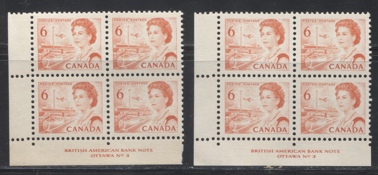 Lot 158 Canada #459b, biii 6c Red Orange Transportation, 1967-1973 Centennial Definitive Issue, Two VFNH LL Plate 3 Corner Blocks Of 4 On Different DF and NF Papers, Perf. 12.5 x 12, Red Orange Ink Under UV And Dex Gum