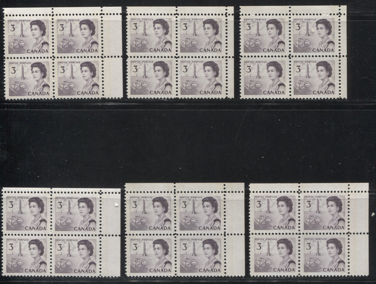 Lot 159 Canada #456p,pii 3c Dull Purple Queen Elizabeth II, 1967-1973 Centennial Issue, A VFNH Blank UR Winnipeg Tagged Specialized Group of Corner Blocks On Various DF and NF Papers, Smooth and Streaky Dex Gums