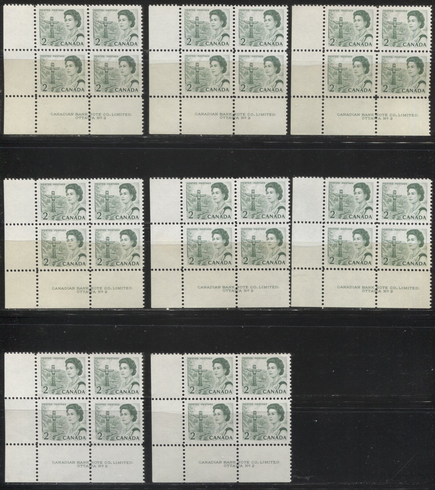 Lot #160 Canada #455, 455iv 2c Green & Bright Green, Pacific Coast Totem Pole, 1967-1973 Centennial Issue, A Specialized Lot of Plate 2 LL Blocks on DF and NF Papers