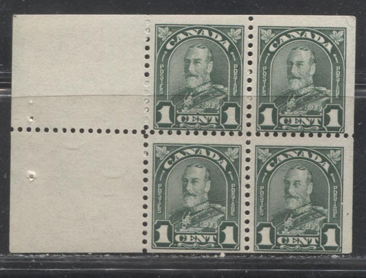 Lot 160 Canada #163a 1c Dark Green King George V, 1930-1935 Arch Issue, A Fine NH Booklet Pane of 4 + 2 Labels, Mottled Brownish Cream Gum With a Semi-Gloss Sheen,